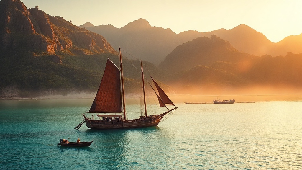 Phinisi sailing ship anchored in a Komodo National Park bay at golden hour